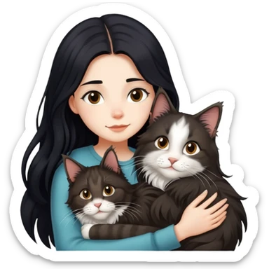 A girl with long black  hair tightly hugged a Maine coon sticker