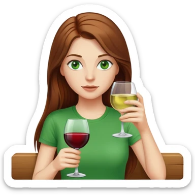 Long brown hair white female emoji drinking a glass of wine wearing a t shirt green eyes sticker