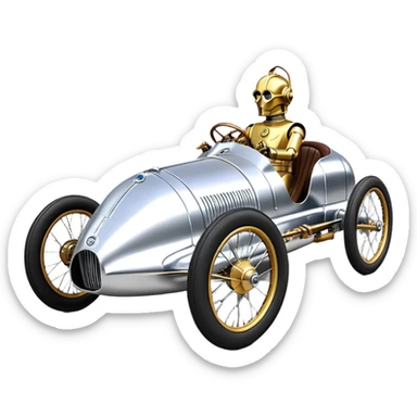  1949 luxury racing C-3PO Rolls Royce lowered powerful 4 cylinder engined silver ghost racing cyclekart with advanced rugged independent suspension, power steering, disc brakes and small leather covered steering wheel  sticker