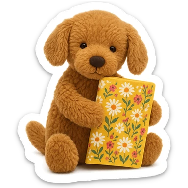Jellycat style brown golden retriever puppy holding a yellow floral journal  sticker