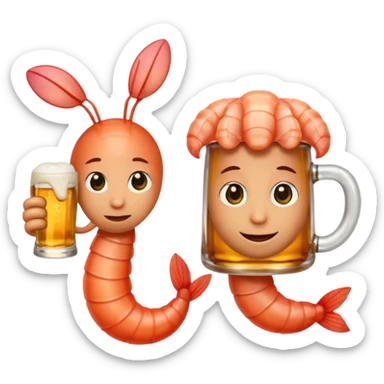 Design a trendy emoji-style illustration of two shrimp peeking from behind text, only half of their bodies visible, curious and playful expressions.
One shrimp holding a beer mug, the other pointing forward.
 sticker