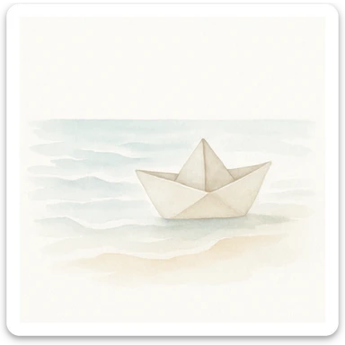 Un papirolo (barco de papel) en la orilla del mar, estilo acuarela, colores frescos, textura de papel visible, olas y arena con pinceladas sueltas. sticker