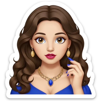 Light skinned girl, long wavy dark natural brown hair center-part with face framing pieces, big hazel eyes, small gold necklace, royal blue top, prominent blush, big lips, fancy long acrylic nails done, holding lipstick. She is curvy sticker