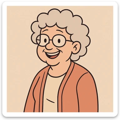 senior woman with glasses, smiling, curly hair, flat toon style sticker