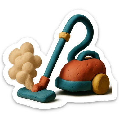 vacuum cleaner with dust cloud in claymation style with matte finish and soft lighting sticker