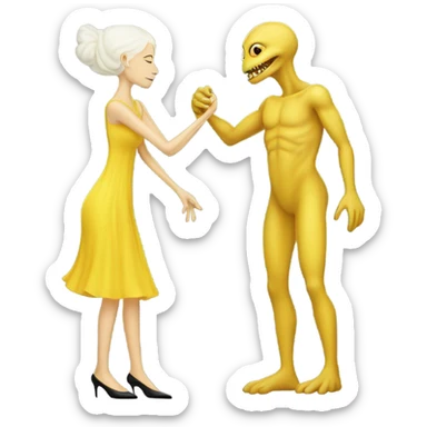 Alien reptilian woman in yellow dress, and, human white skin man in black dress, hugging sticker
