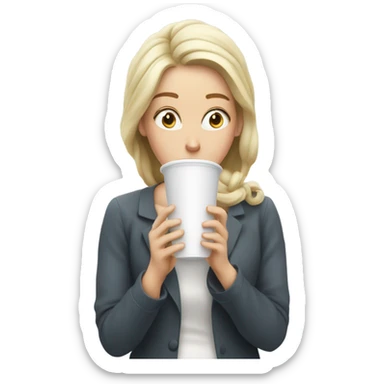 Lady hesitating to drink a cup filled with a mysterious white liquid sticker