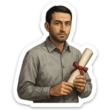 Mediterranean male academic, olive skin, short dark hair, wearing a button-up shirt, holding a diploma, looking intellectual sticker