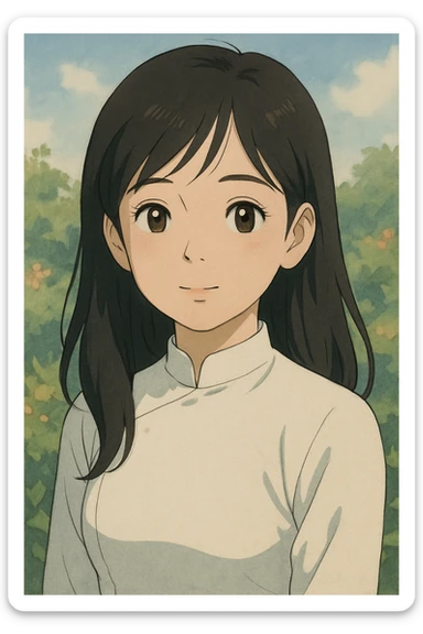 portrait of a Vietnamese girl, ghibli style, soft colors, detailed, anime inspired sticker