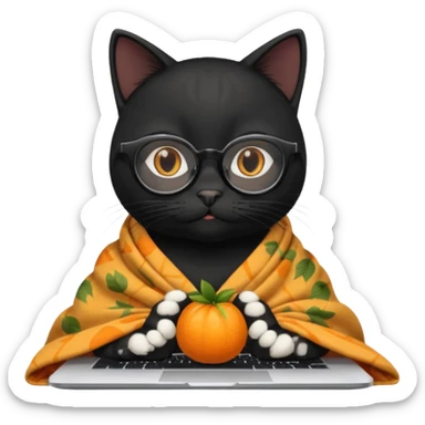 A black female cat working on a MacBook, with long, black straight hair, with round frames and thin glasses, and she wears a blanket with an orange fruit pattern sticker
