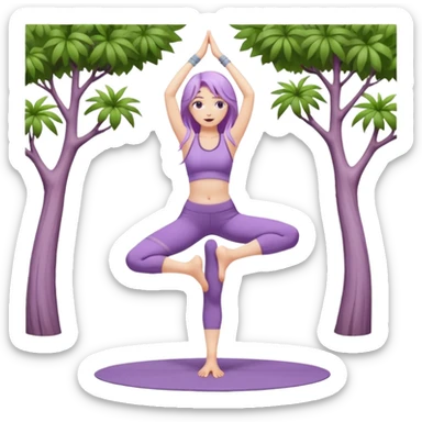 Девушка белокожая, с длинными светло-фиолетовыми волосами, в одежде для йоги, стоит в позе дерева на одной ноге, вторая нога согнута, руки вверху ладонь к ладони, в стиле бимбо пилатес sticker