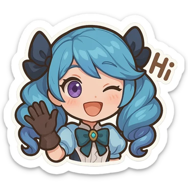 Gwen from League of Legends, chibi style, only head, right eye purple, one hand waving with glove, hi emote, big smile, no text sticker