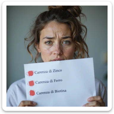 hyperrealistic 4K detailed image of a woman with PCOS, face with acne and chin hair, thin and thinning hair, holding a medical report with clearly visible red highlighted texts 'Carenza di Zinco', 'Carenza di Ferro', 'Carenza di Biotina', worried expression, clinical environment sticker