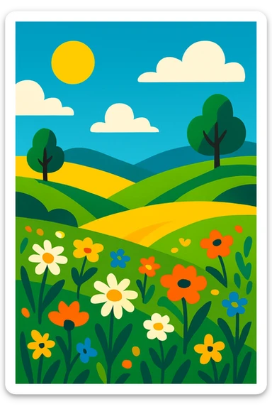 Summer landscape with rolling hills, wildflowers, and a clear blue sky, vibrant and colorful sticker