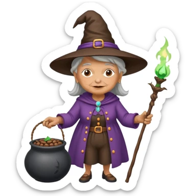 A grandma walking with a magic wand and a cauldron while holding a can of beans sticker