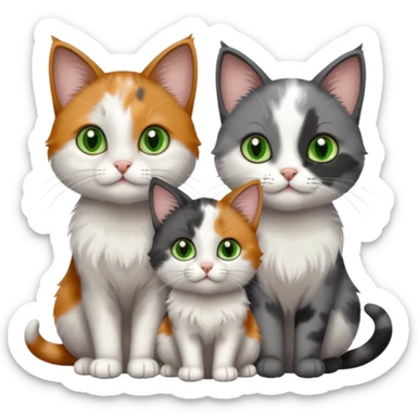 3 different coloured small cats including a dark grey and white, and a patchy calico with hazel eyes and a completely solid dark grey with green eyes and only white paws sticker