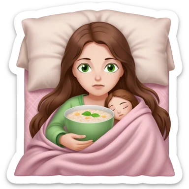 woman with very long brown hair and green eyes in a light pink blanket sleepy with porridge sticker
