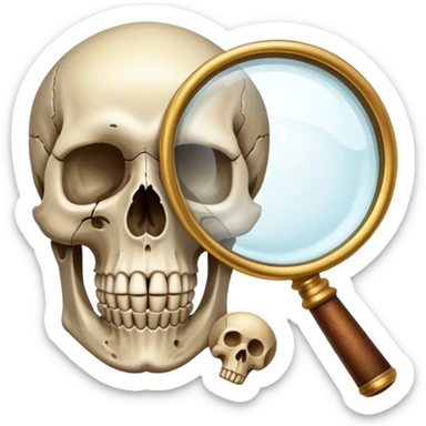 An icon showing a skull and ancient artifacts, representing anthropology. The design features a magnifying glass examining bones, fossils, and cultural symbols, symbolizing the study of human evolution and societies. Transparent background  sticker