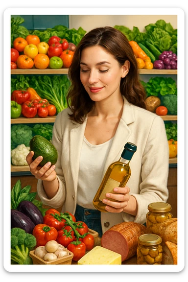 Donna che sta scegliendo quali alimenti di qualità mangiare sticker