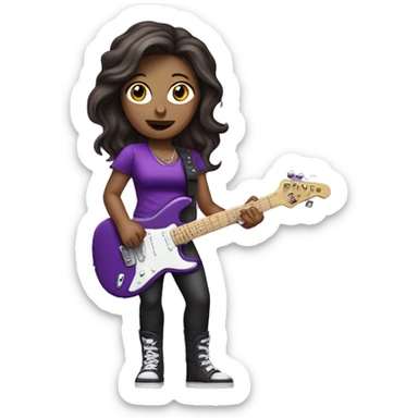 Brunette girl pop rockstar with microphone and electronic guitar purple dressed  sticker