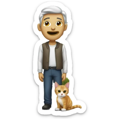 a man and a cat, at behind have a house sticker