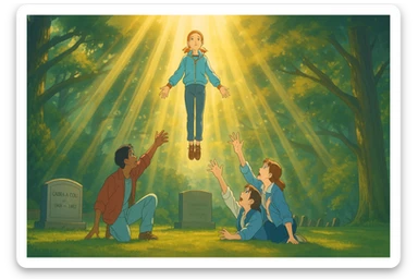 Max from Stranger Things levitating higher above the ground, dramatic light rays shining down, friends reaching out to her, Ghibli style, wide aspect ratio (16:9), magical and emotional mood. sticker