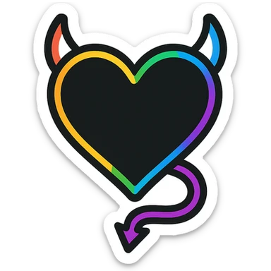 minimalist devil heart icon, black heart with rainbow outline and tail, pride theme sticker