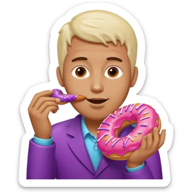 A man eating a pink donut and an eggplant covered in white sauce sticker