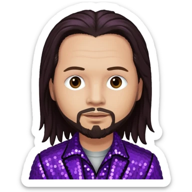 Jonathan Davis from Korn with long dark brown hair, light skin, purple sequin outfit sticker
