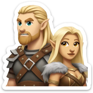 A dungeons and dragons team consisting of a blonde half elf barbarian, and a barbarian Werewolf sticker
