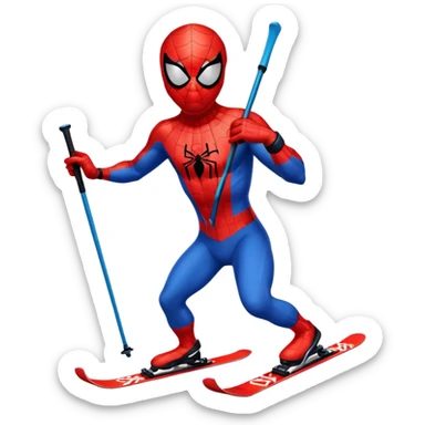Spiderman wearing skis on feet and a ski mask sticker