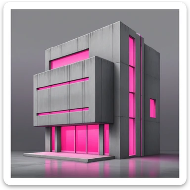 Minimalist gray concrete building with one window glowing bright pink, brutalist architecture sticker