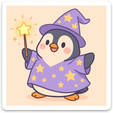 chubby penguin wizard with a starry robe and a glowing wand, soft pastel illustration style sticker