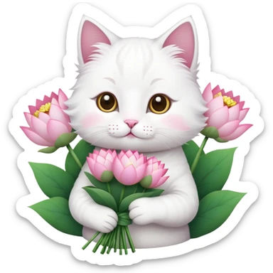 White cat holding a bouquet of lotus flowers sticker