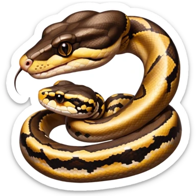 A photo-realistic digital illustration of a Ball Python, large headshot portrait. The snake has a short, rounded snout and smooth, soft contours, with a gentle, inquisitive expression that gives it a slightly playful charm. Its head is warm brown with bold, irregular dark markings. sticker