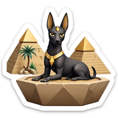 Protecting silky black-haired tiny statuette young miniature scale Anubis and pyramid scenery stone-age cracked irregular dodecagon bonsai pot  sticker