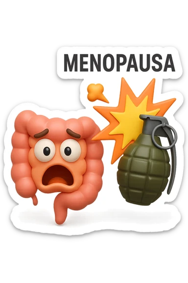 EMOJI STILE IPHONE 3D DI INTESTINO 3D CON ESPRESSIONE SPAVENTATA IN VOLTO MENTRE ACCANTO A LUI SCOPPIA UNA GRANATA 3D CON LA SCRITTA "MENOPAUSA" SOPRA, FAGLI ANCHE LA PARTE BIANCA DEGLI OCCHI, NON SOLO LA PUPILLA sticker