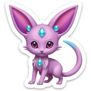 Espeon pokemon, pastel purple body color, dark pink jewel middle of forehead only, end of tail split in two, ear like flaps coming out 
of each cheek, inside of big pointy ears is blue
 (full body) sticker