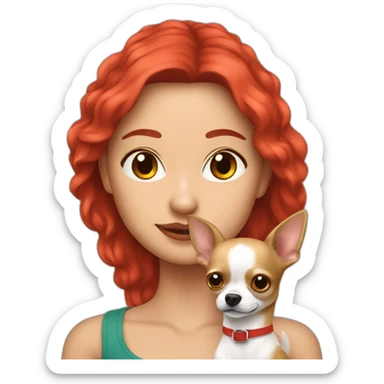 mujer blanca de pelo largo rojo con su perro Chihuahua en los brazos sticker
