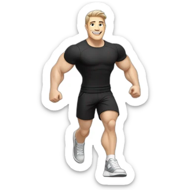 Joyful Celebrating victory Pale skinned Fit Man With the biceps and dark brown hair in black shirt, gray sports shorts and white Sneakers sticker