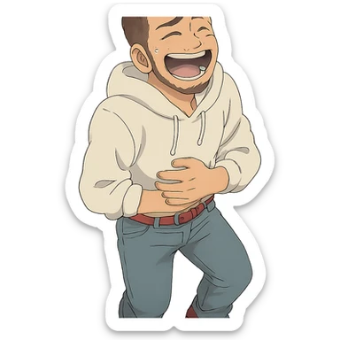 1 male, mid fade haircut dark chestnut brown curly hair, toasted lightskin, white hoodie sleeves up, fashion jeans, red fashion-sneakers shoes, red belt, short trimmed beard and goatee,  style of deku from "my hero academia", laaughing to the point of tears sticker