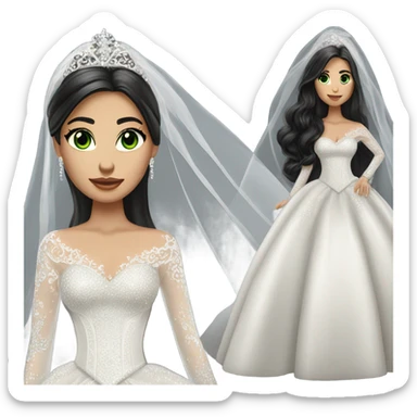 Hyper Realistic ornate ballgown long sleeve Wedding dress with diamanté on Russian bride with light skin and green eyes and long black hair with veil hyper realistic  sticker