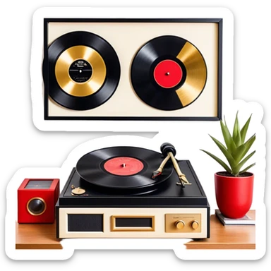 Icon for Vinyl Record Collecting: large black, golden and red vinyl records in decorative packaging featuring artist images, neatly arranged on a wall or shelf, modern vinyl record player. The icon should reflect the aesthetic and artistic aspect of collecting vinyl records. Transparent background. sticker