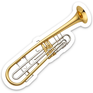Create a sleek and professional emoji representing the Brahner TB-420 Bb/F tenor trombone. The design should feature the smooth, shiny brass body of the trombone with its distinct curved tubing and large bell. Highlight the tuning slide and the mouthpiece at the top of the instrument. The brass finish should be polished and reflective, with silver accents on the mouthpiece and tuning slide. Add subtle musical notes or soundwaves floating around the trombone to evoke its bold, brassy sound. Use golden and brass tones for the trombone with light reflections to emphasize its high-quality craftsmanship. The background should be transparent. sticker
