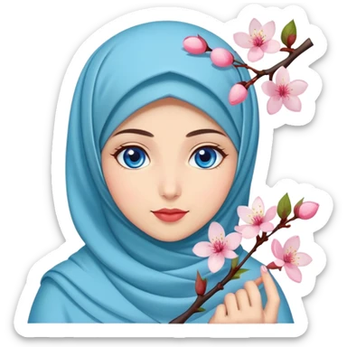 Turkish beautiful finish Konya girl blue eyes with hijab islamic dress and had on her hand cherry blossom sticker
