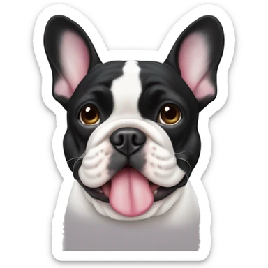 Black and white french bulldog with a ྀི sticker