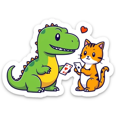 Dinosaur playing card game with a cat sticker