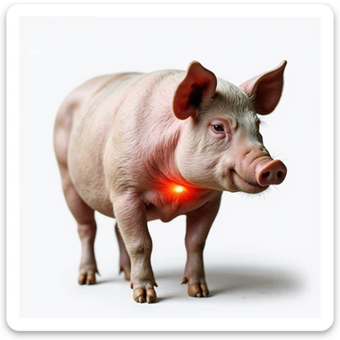 Realistic pig on isolated white background, thyroid area on neck highlighted in red, clear anatomical details, hyperrealism, 4K quality, three-quarter view sticker