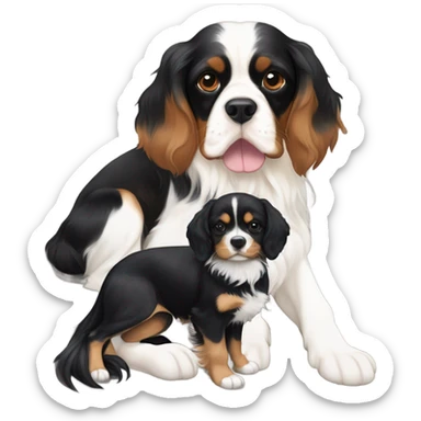 A tricolor cavalier King Charles spaniel sitting beside a black German shepherd   sticker