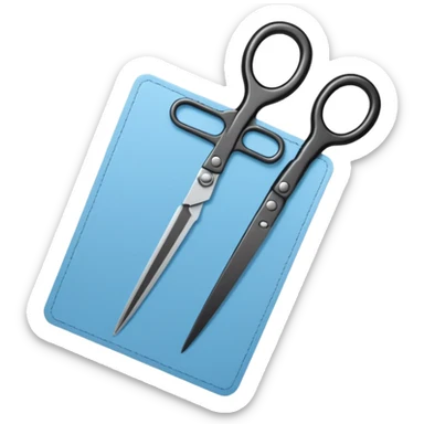 Floating black Scissors cutting a light blue military ID card in 2 parts .hyper realistic sticker